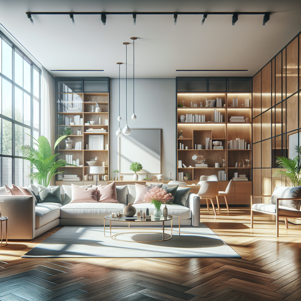 A clean and well-organized modern living room with natural lighting and indoor plants.