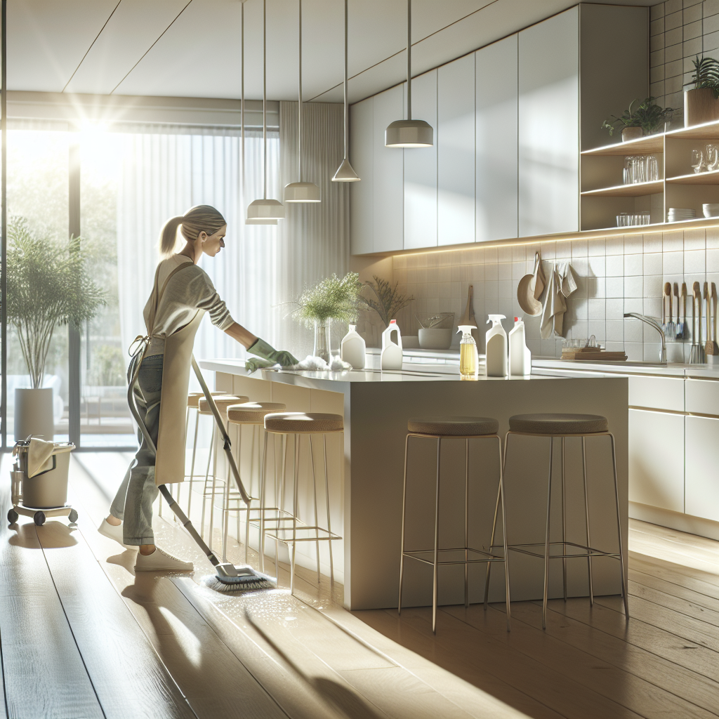 A professional cleaner in a spotless, sunlit modern kitchen post-renovation.