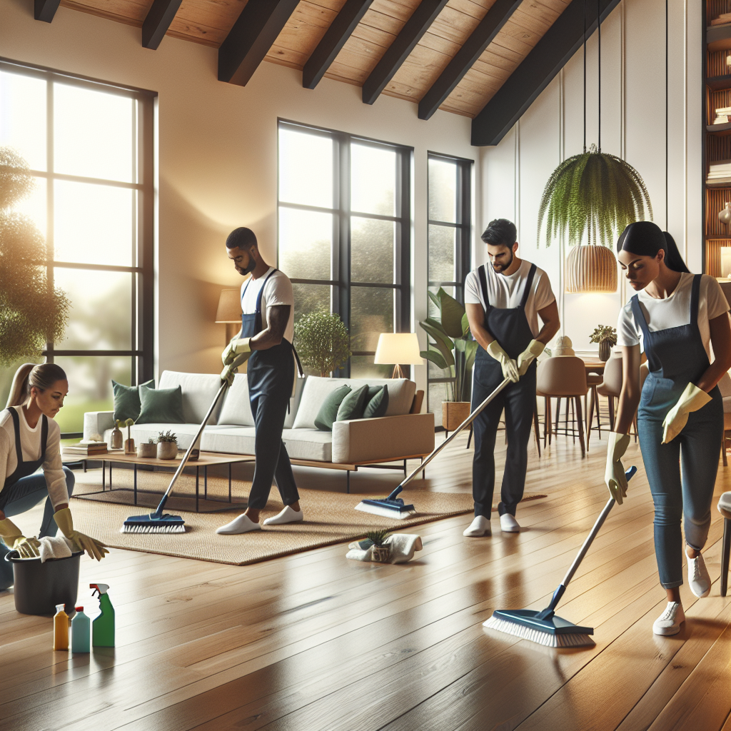 Professional cleaning team performing deep cleaning in a modern living room.