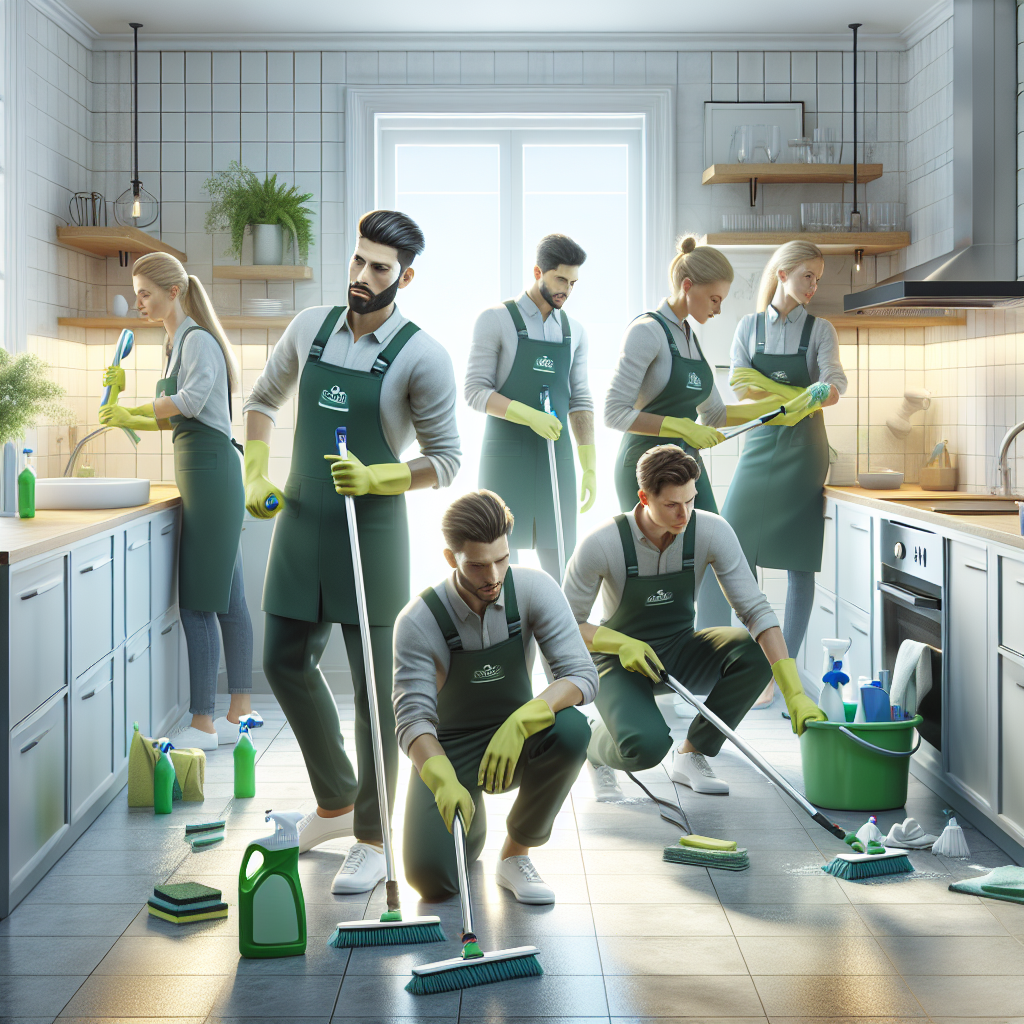 Professional cleaning service team deep cleaning a home, highlighting bathroom and kitchen areas.