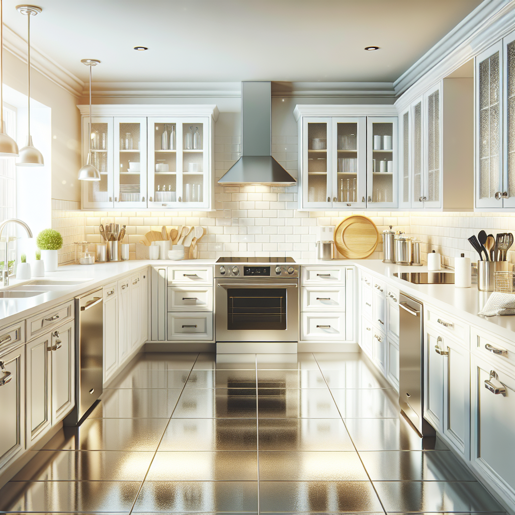 Spotless modern kitchen after professional deep cleaning, with gleaming appliances and clean surfaces.