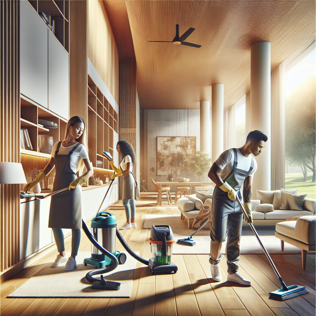 Professional cleaning team in a modern home interior, emphasizing eco-friendly cleaning methods.
