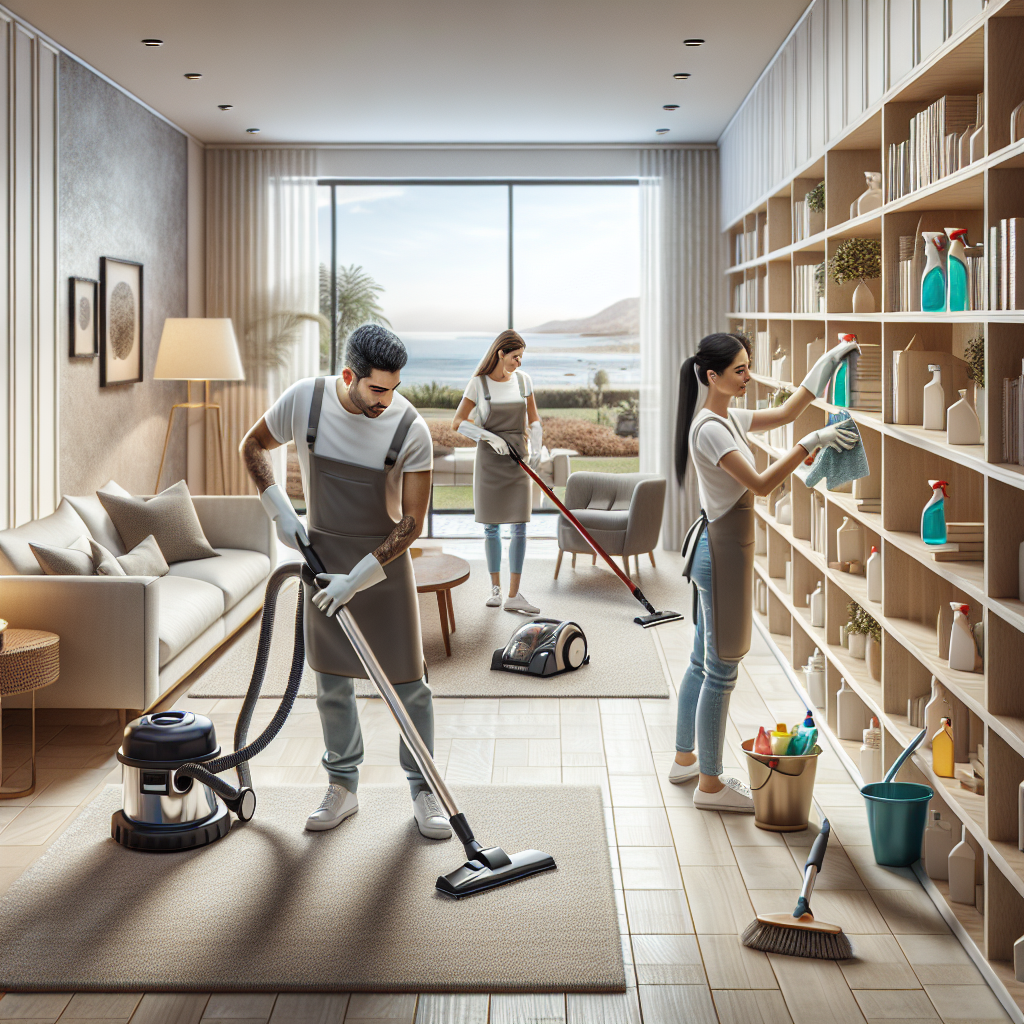 Professional cleaning team working in a modern home environment, showcasing various cleaning activities with eco-friendly products.