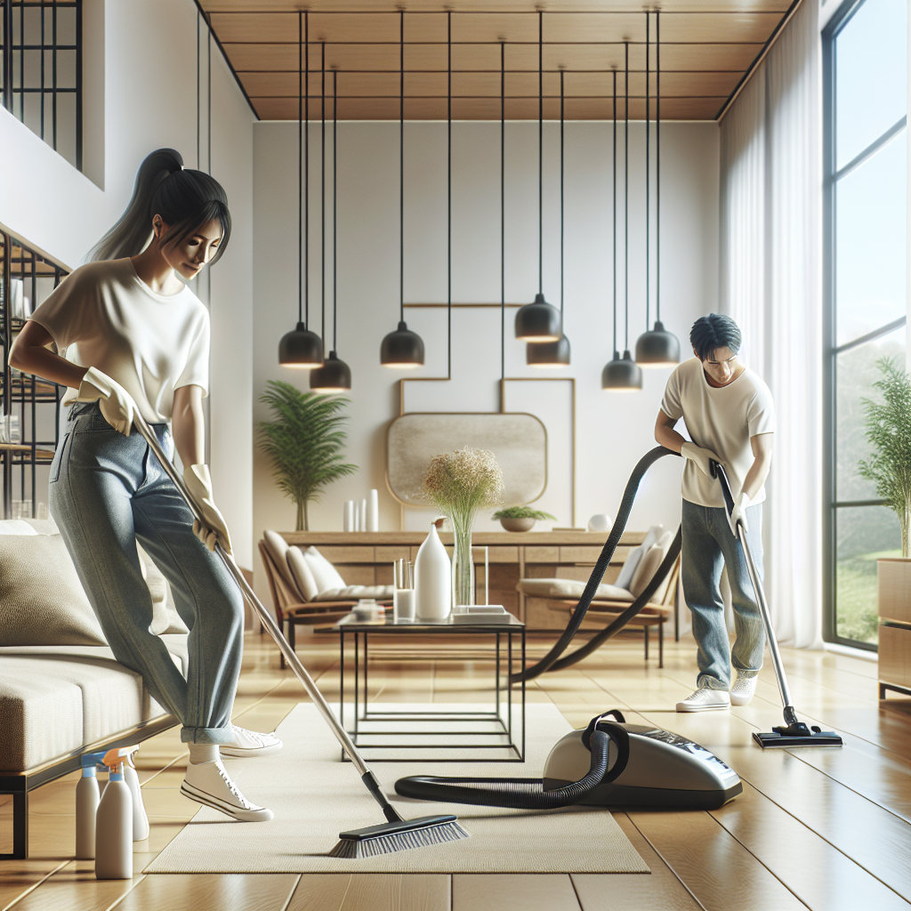 Professional cleaning team in a modern living room, emphasizing cleanliness and eco-friendly practices.