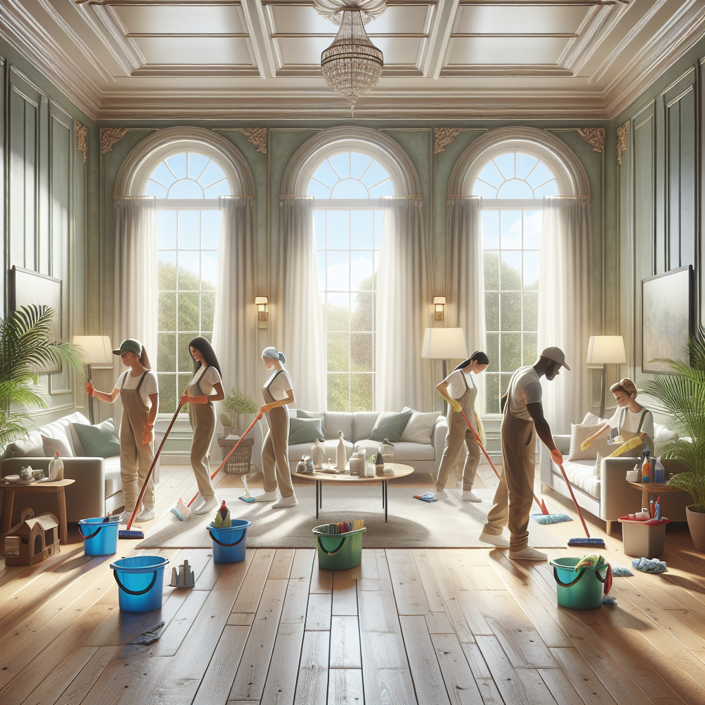 A clean and orderly home interior with a professional cleaning team using eco-friendly products.