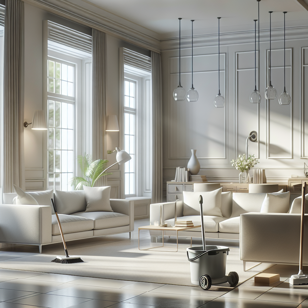 Find Top Household Cleaning Services Near Me Today! 2 A pristine living room with modern furniture and cleaning tools, indicating a recently cleaned space.