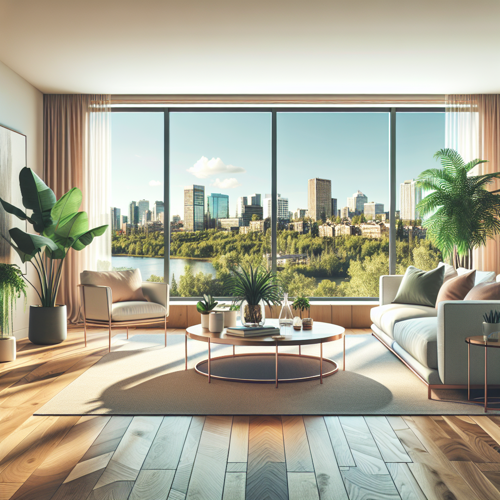 A clean, modern living room in Edmonton with natural lighting and eco-friendly decor.