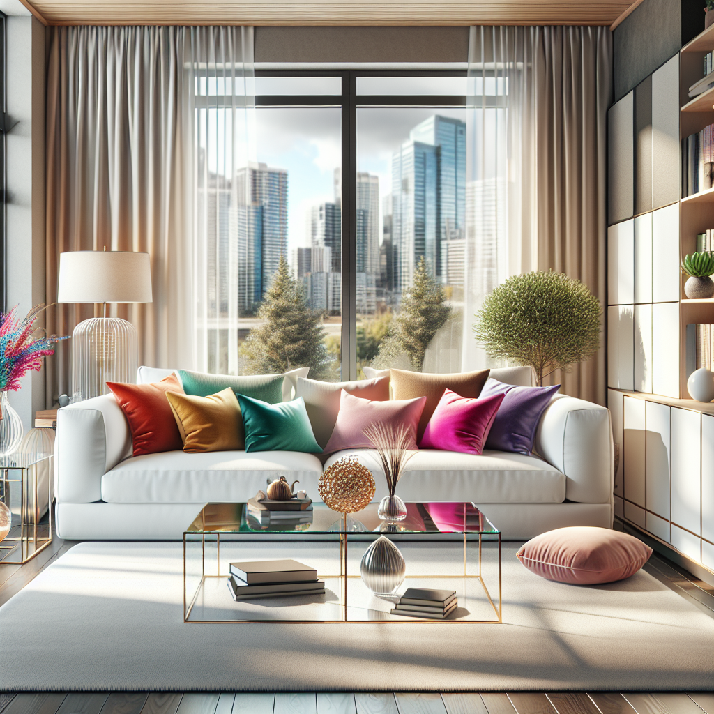 A modern, clean living room in Edmonton with a white sofa and a view of the city skyline.