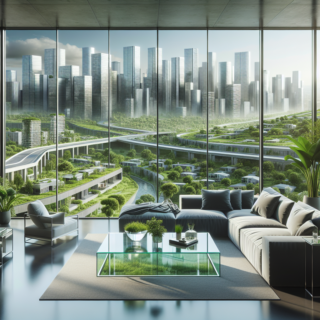 A clean and stylish living room in Edmonton with modern furniture and a view of the city skyline.