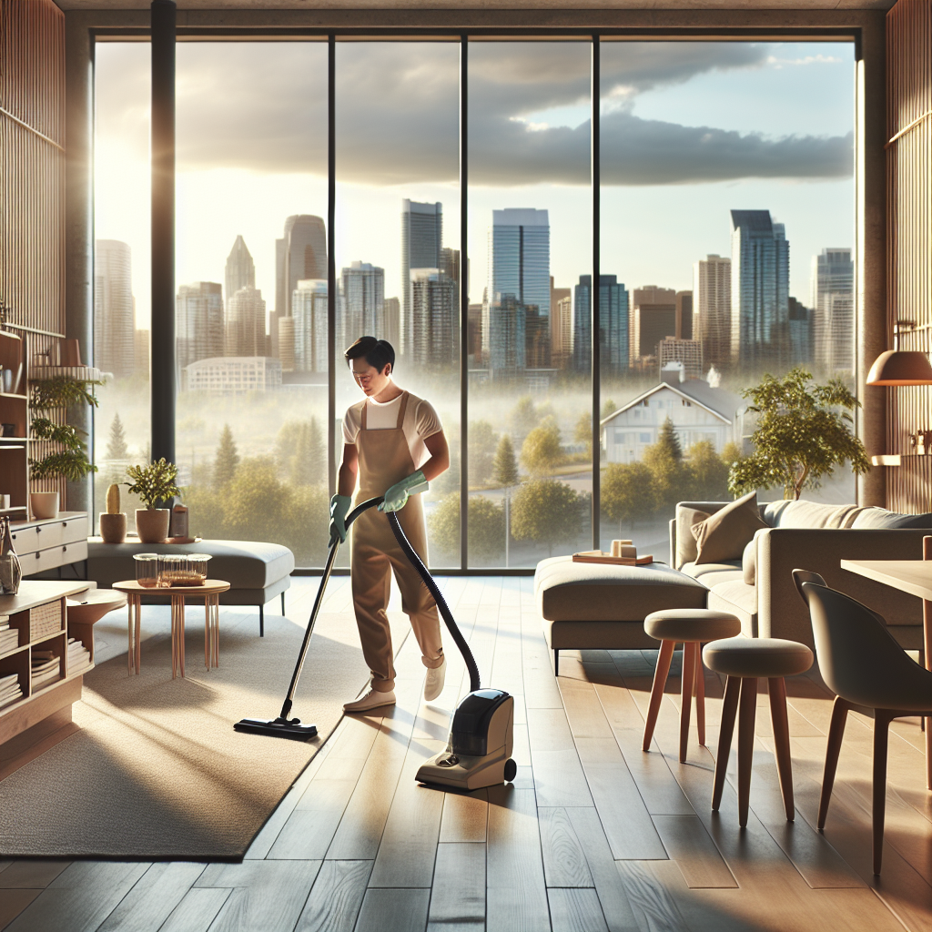 A professional cleaner working in a tidy living room with Edmonton's scenic view in the background.