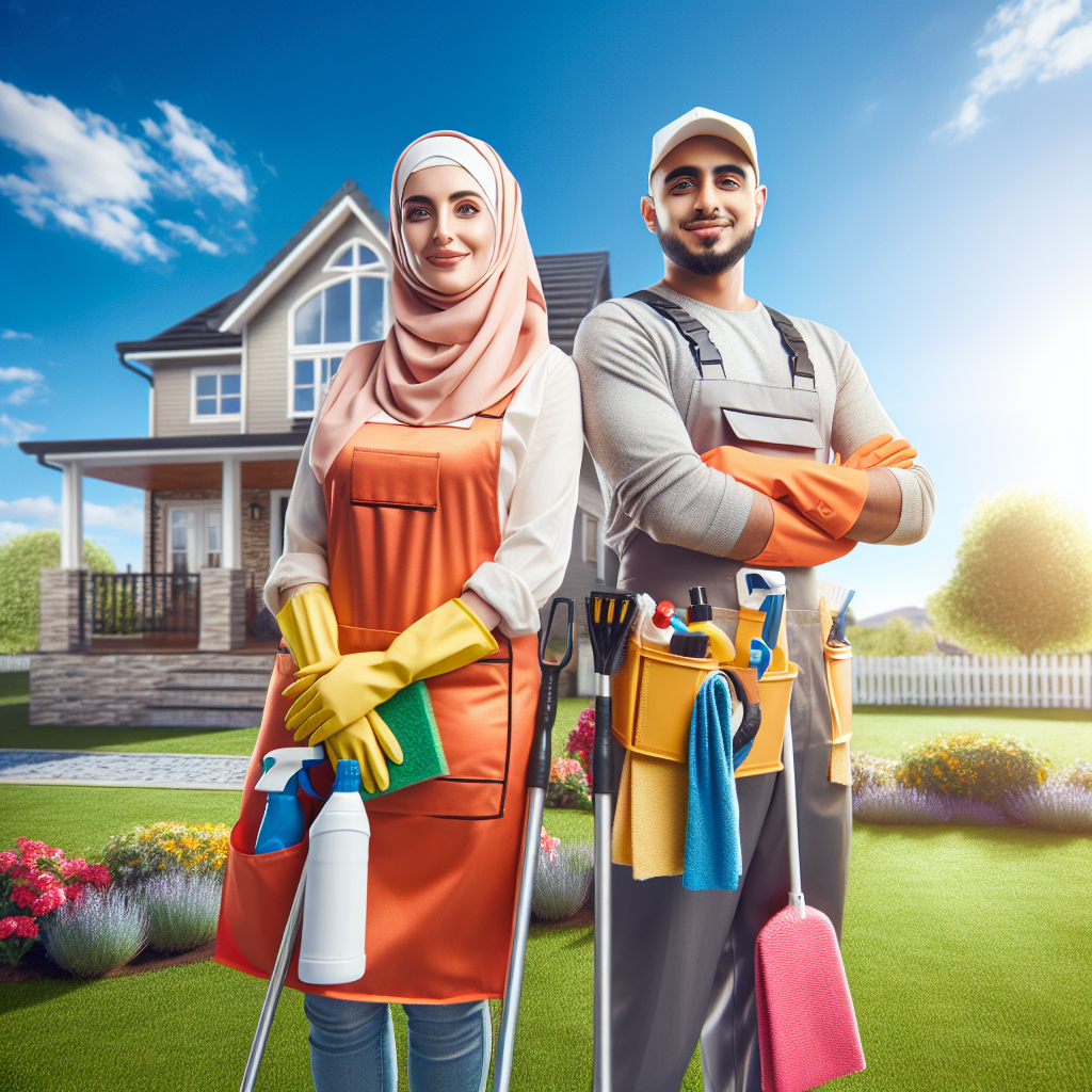 A professional cleaning team working in a tidy neighborhood setting.