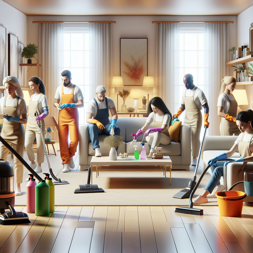 A diverse team of cleaning professionals using eco-friendly products in a spotless living room.