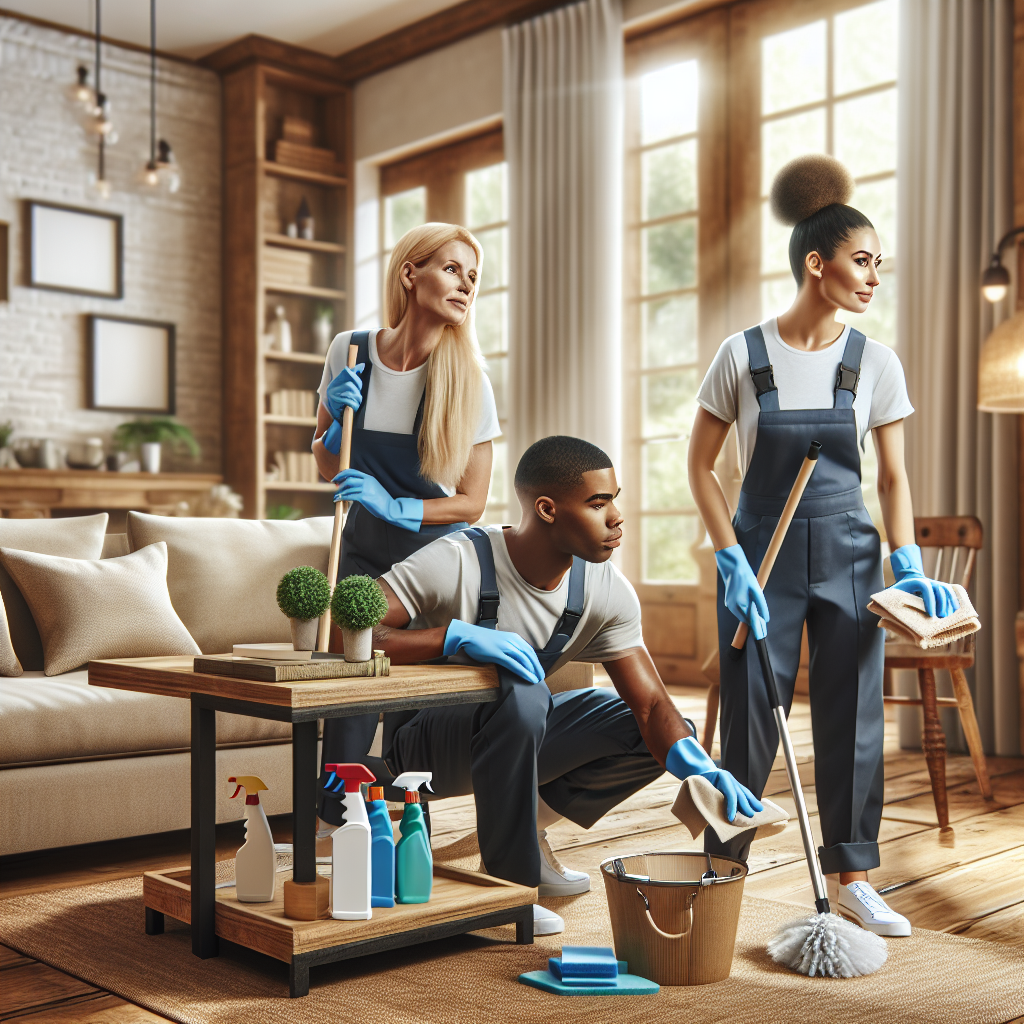A diverse team of cleaning professionals working in a cozy living room with sunlight streaming in.