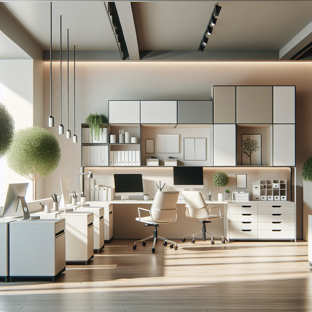 The Best Professional Organizing Service 2 A clean, organized office workspace with minimalist furniture and eco-friendly plant decor.