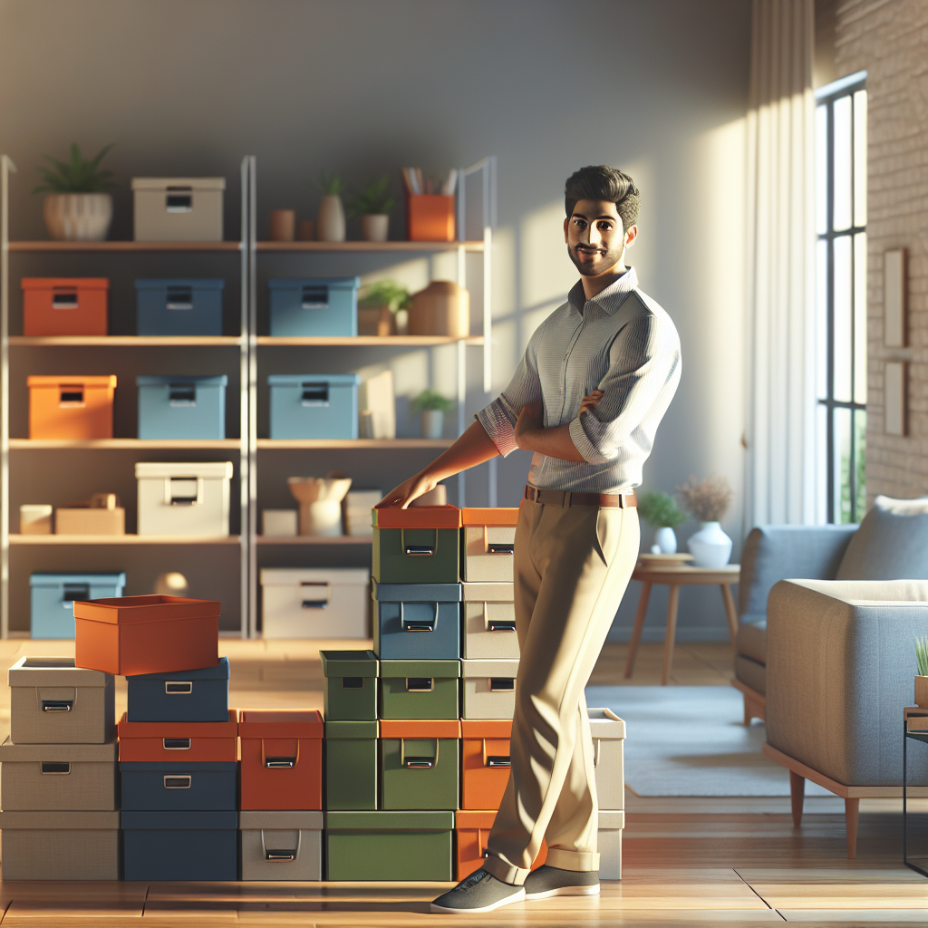 The Best Professional Organizing Service 3 A professional organizer in a modern, organized room, arranging storage boxes.