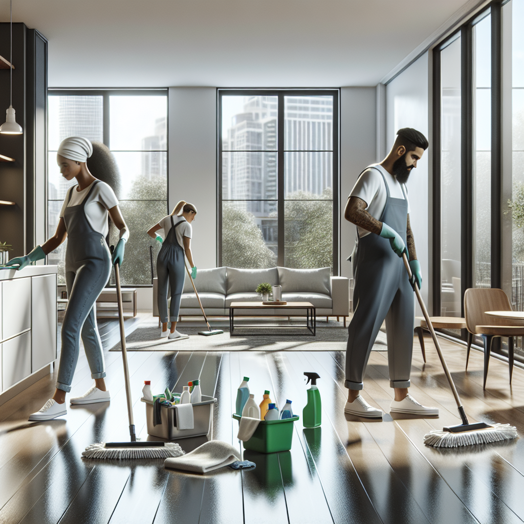Professional cleaning team in a modern empty living room using eco-friendly products.