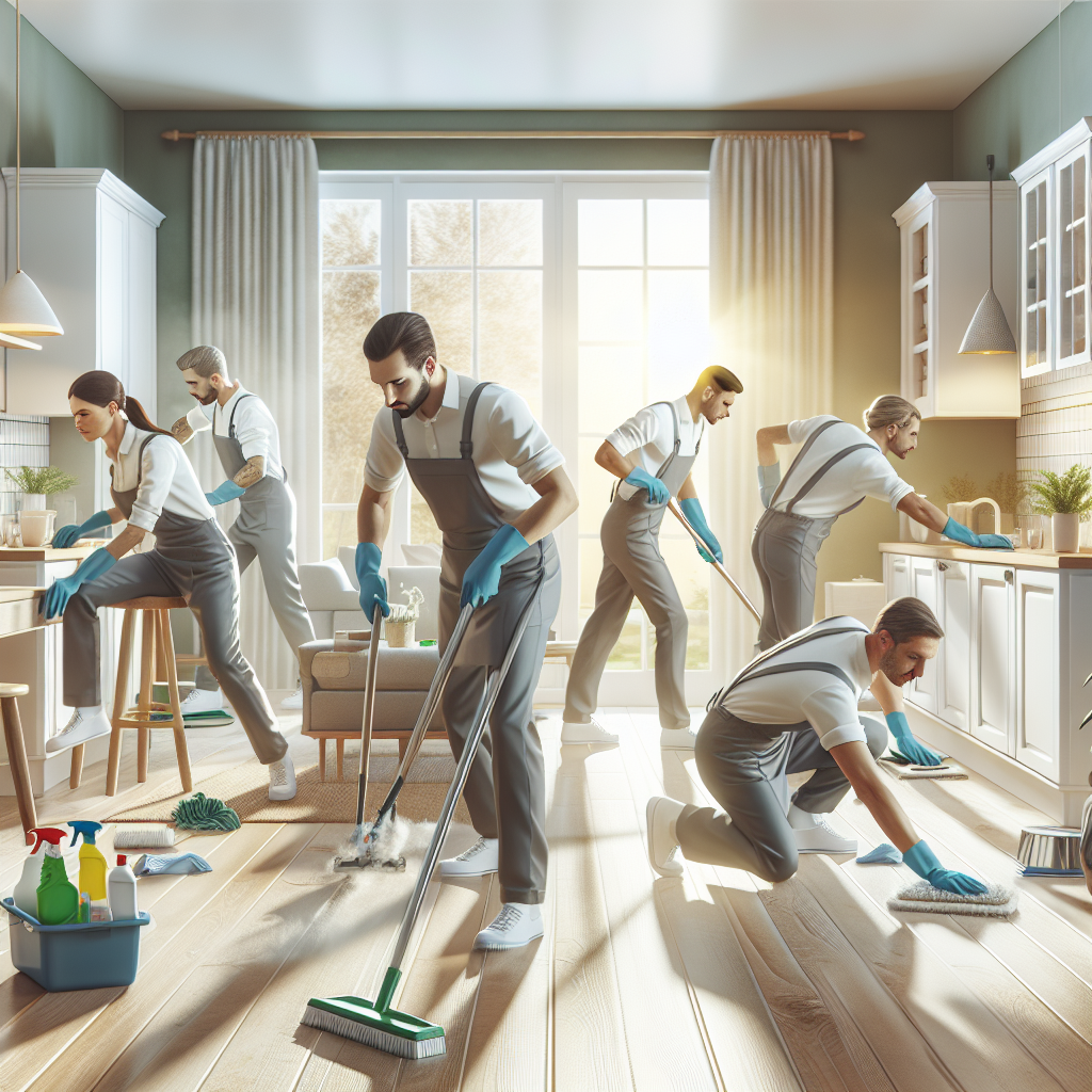 Professional cleaners using eco-friendly products in a home setting.