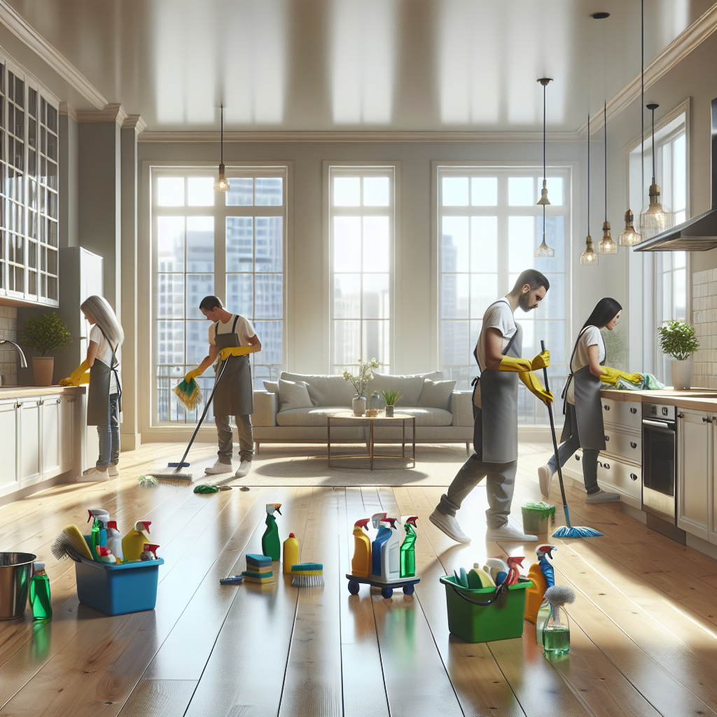 Professional cleaners in a spotless apartment, highlighting eco-friendly cleaning services.
