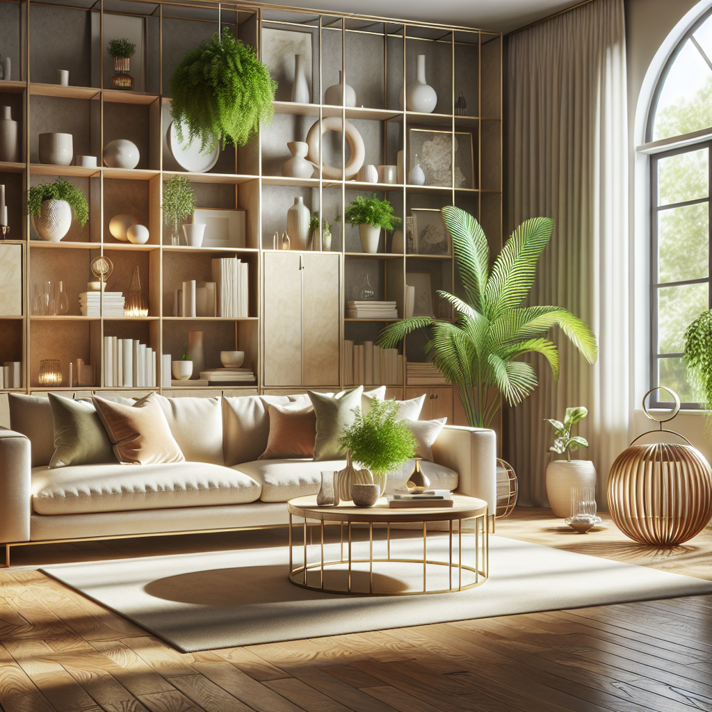 A clean and organized living room with a beige couch and wooden coffee table under natural lighting.