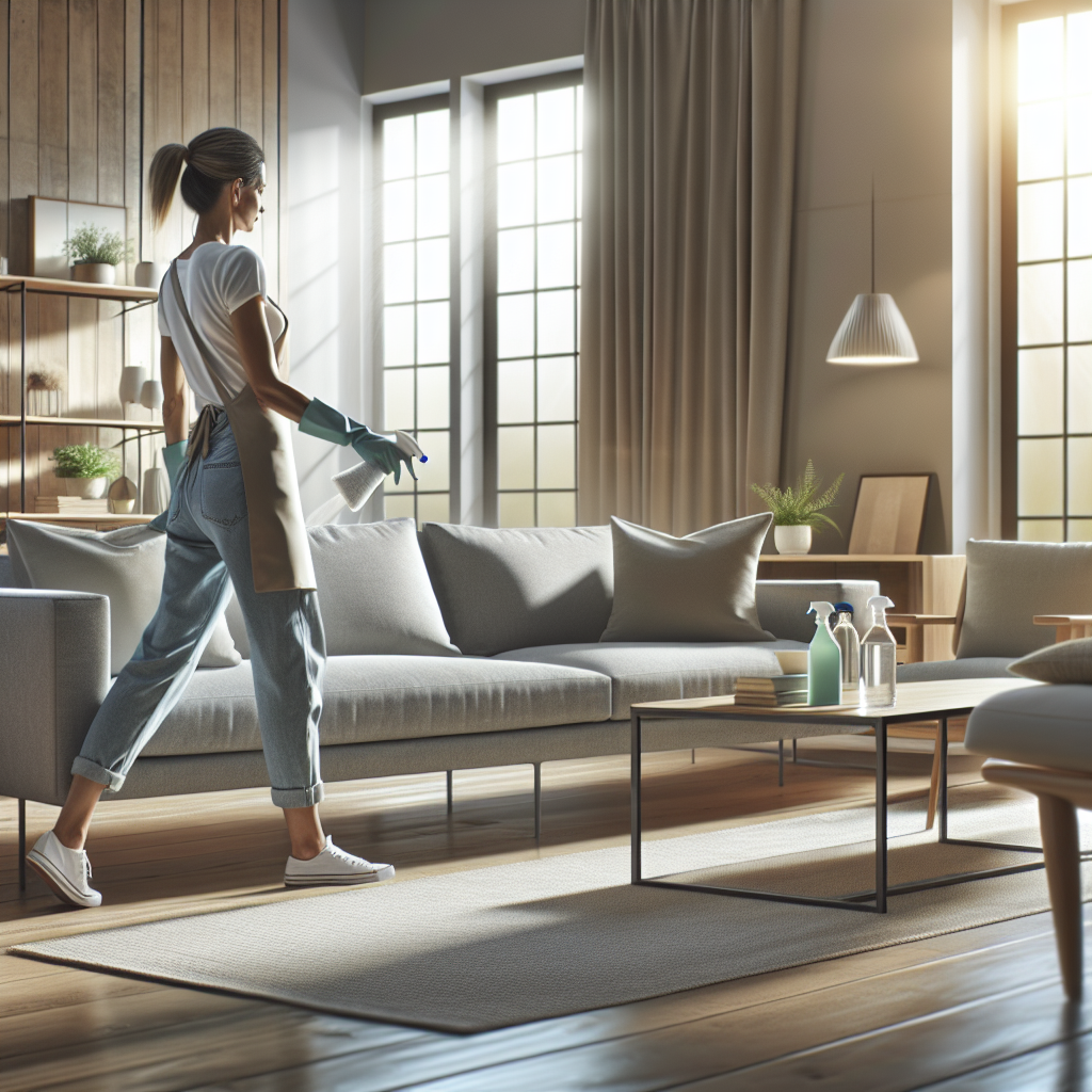 A professional cleaner using eco-friendly supplies in a modern, clean home interior.