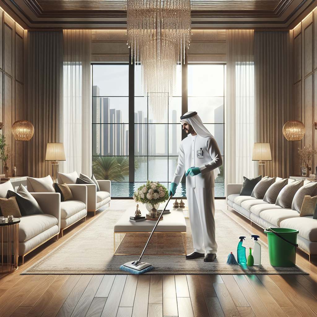 Professional house cleaner working in a modern, bright living room using eco-friendly products.