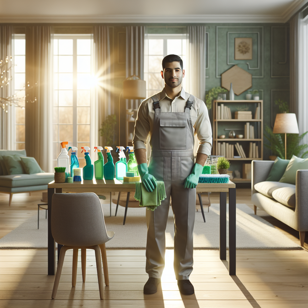 Professional house cleaner using eco-friendly products in a modern, tidy living room.