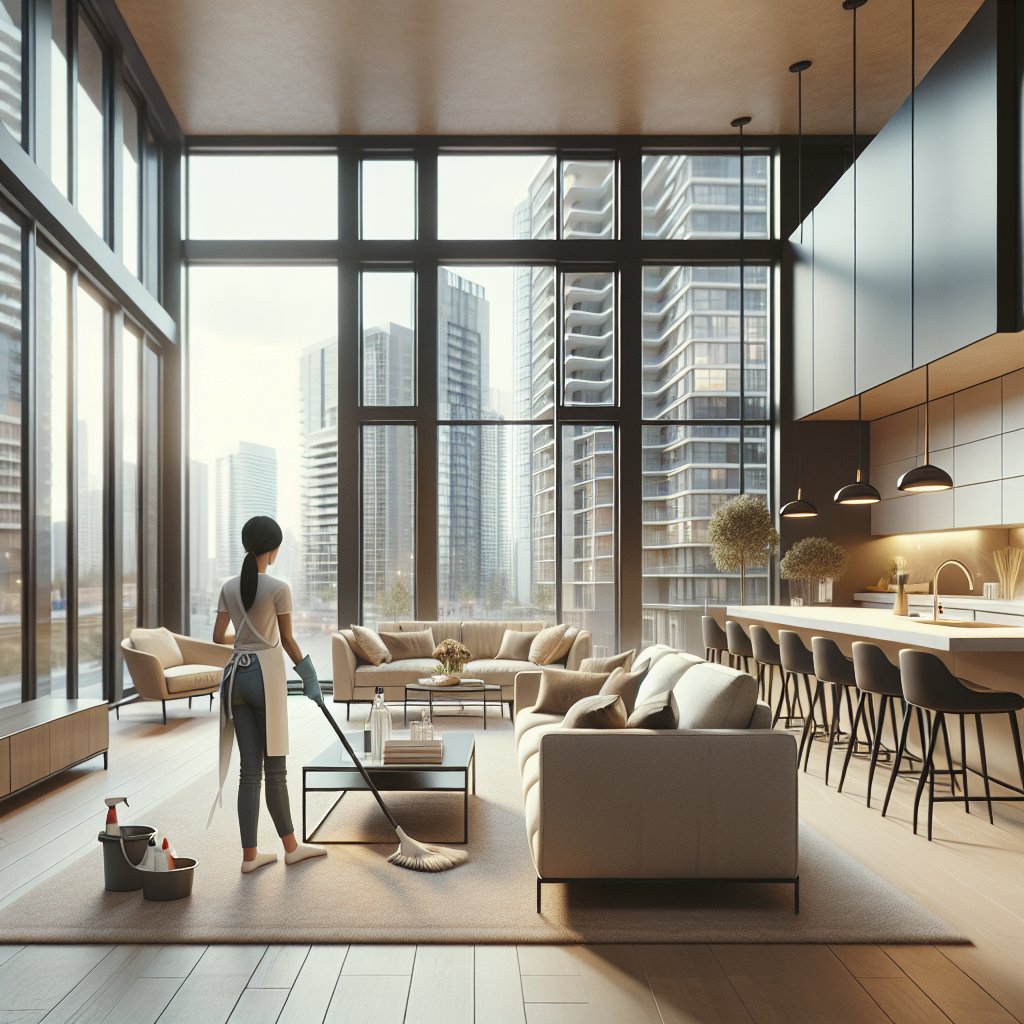 Professional house cleaner in a tidy, modern Edmonton living room with eco-friendly tools.