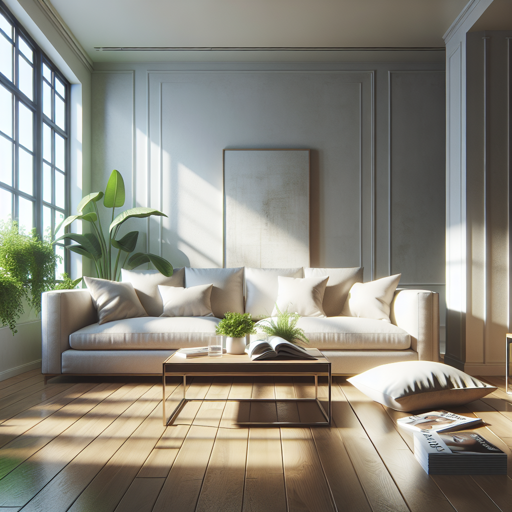 A pristine, modern living room with a cream sofa, wooden coffee table, and natural light.