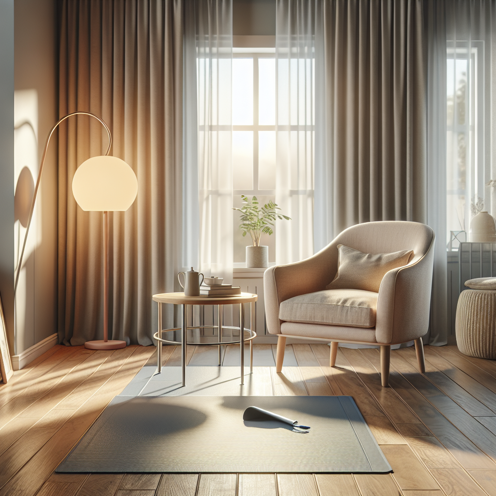 A cozy living room designed for seniors, featuring a comfortable armchair, non-slip mats, and a well-lit atmosphere.