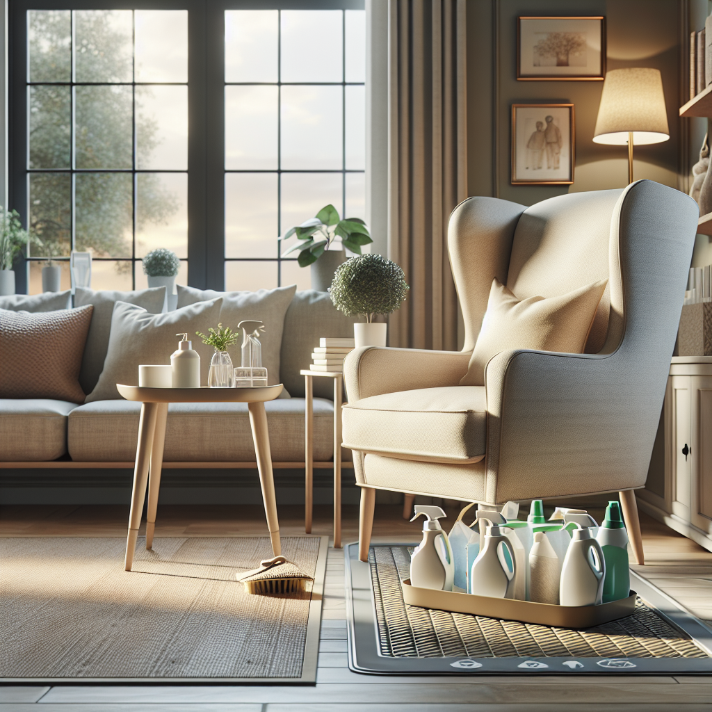 A cozy living room designed for seniors, featuring a comfortable armchair, eco-friendly cleaning products, and a bright, safe environment.