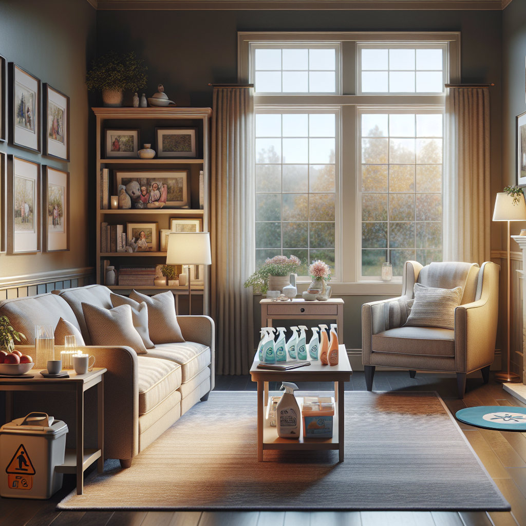 A cozy and organized living room designed for seniors, featuring eco-friendly cleaning supplies and a warm ambiance.
