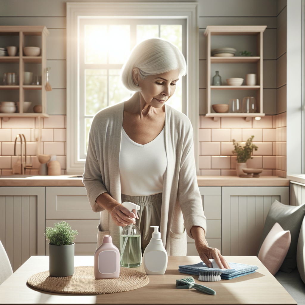 A senior woman cleaning her kitchen with eco-friendly products.