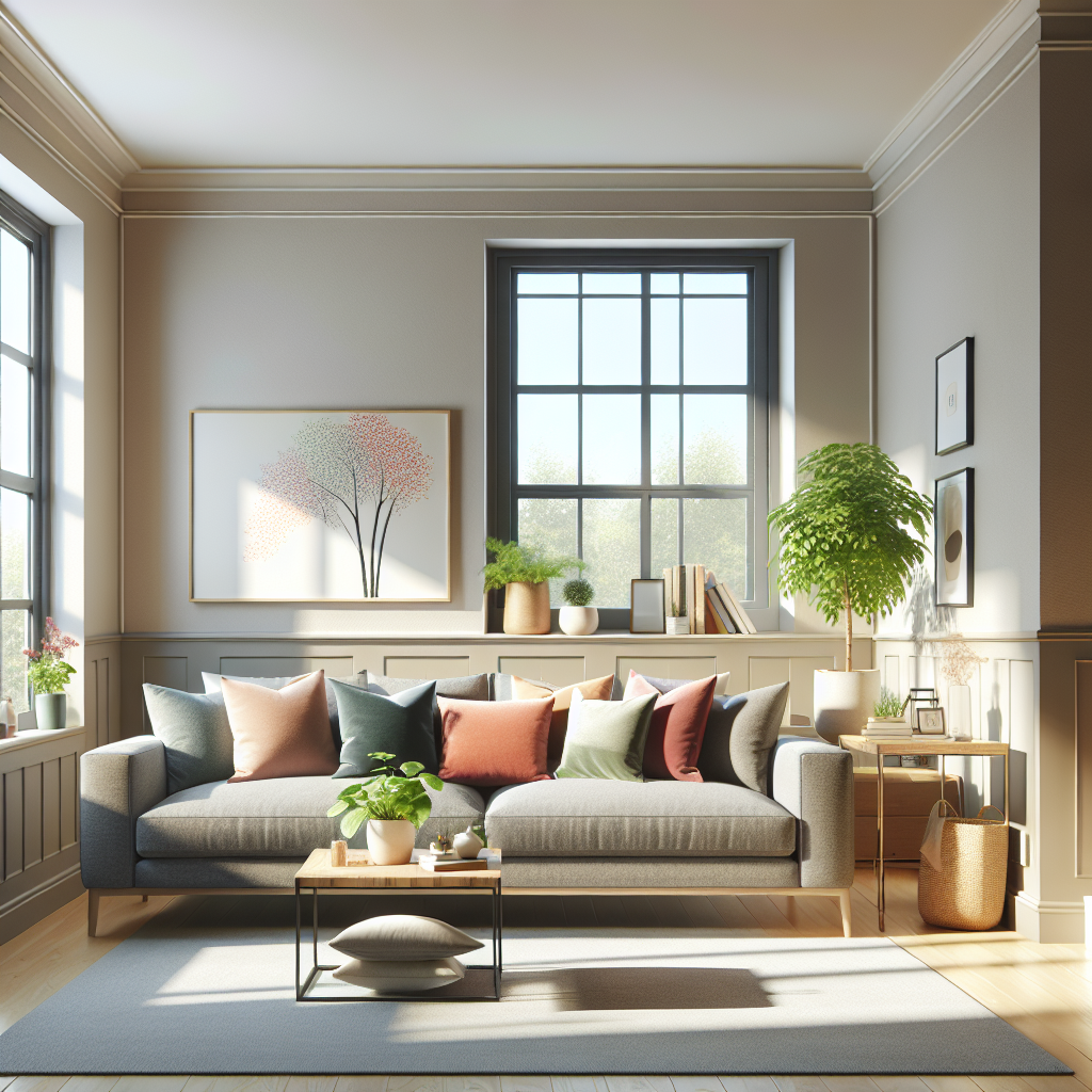 A clean, well-organized living room with a gray sofa, colorful cushions, and natural light.