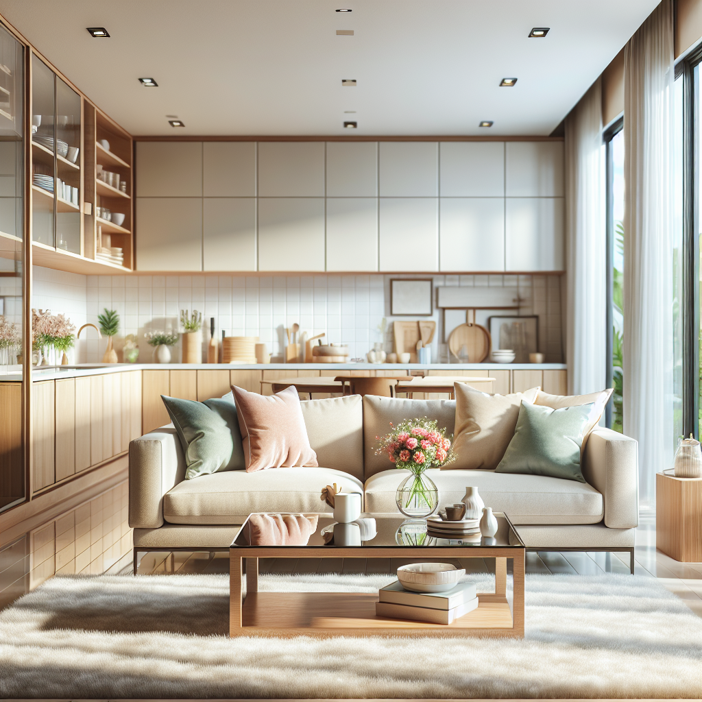 A clean and organized home interior with a comfortable sofa and bright lighting.