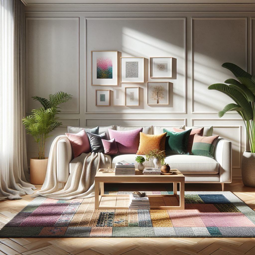 A bright and tidy living room with a sofa and coffee table, showcasing cleanliness.