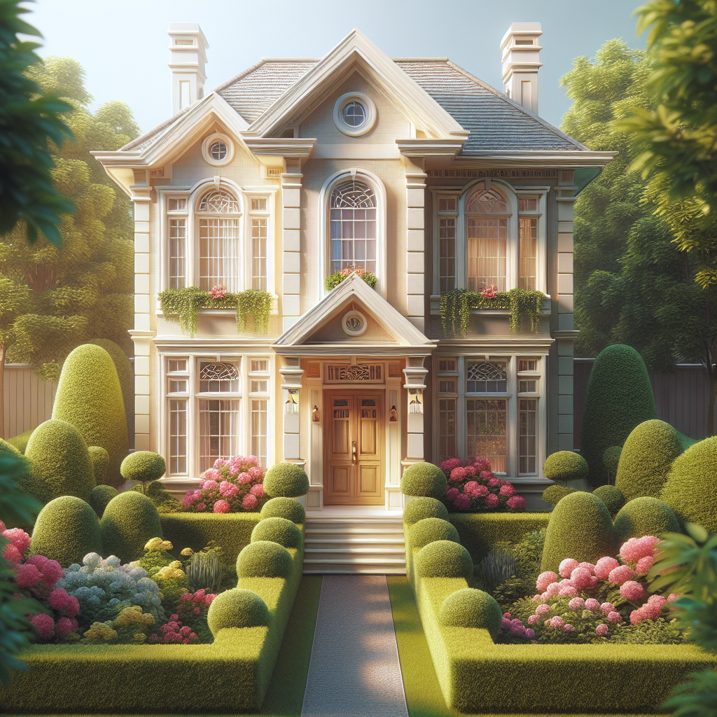 A well-maintained two-story house with a clean exterior, surrounded by a vibrant garden.