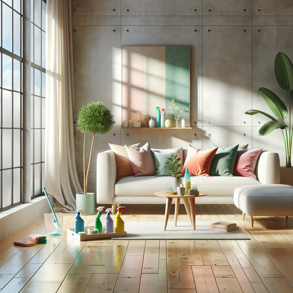 An inviting living room showcasing cleanliness, with bright natural light, an organized sofa, and eco-friendly cleaning products.