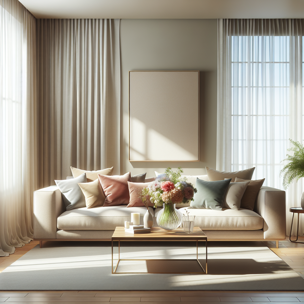A clean and tidy living room with soft colors and natural lighting.