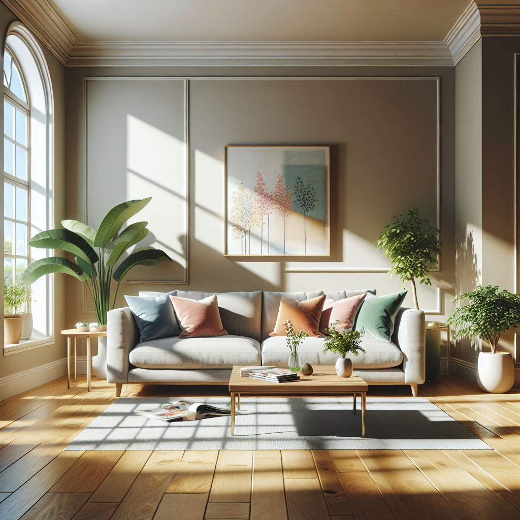 A bright and organized living room depicting comfort and cleanliness.