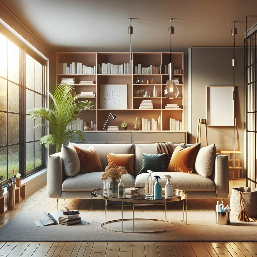 A modern living room representing influences on hourly rates for cleaning services.