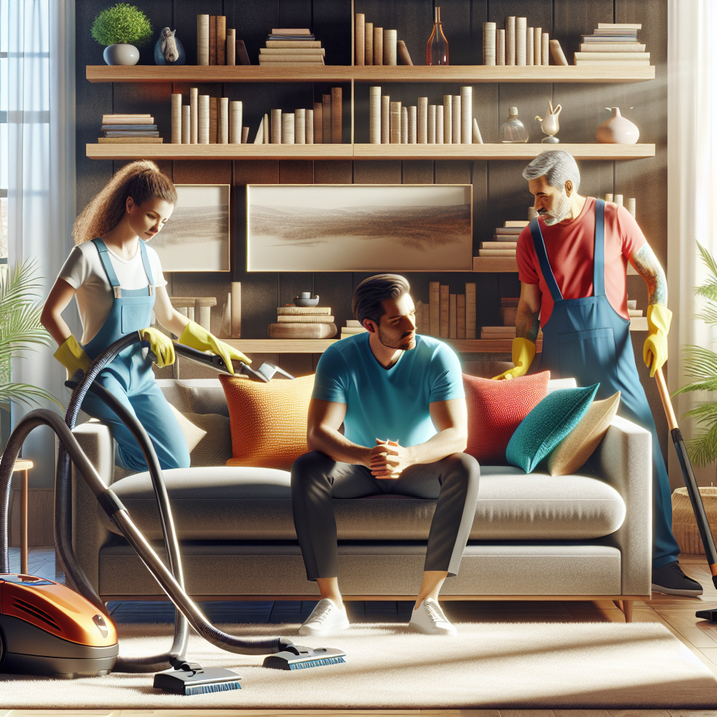 A diverse group of three professional cleaners tidying up a cozy living room.