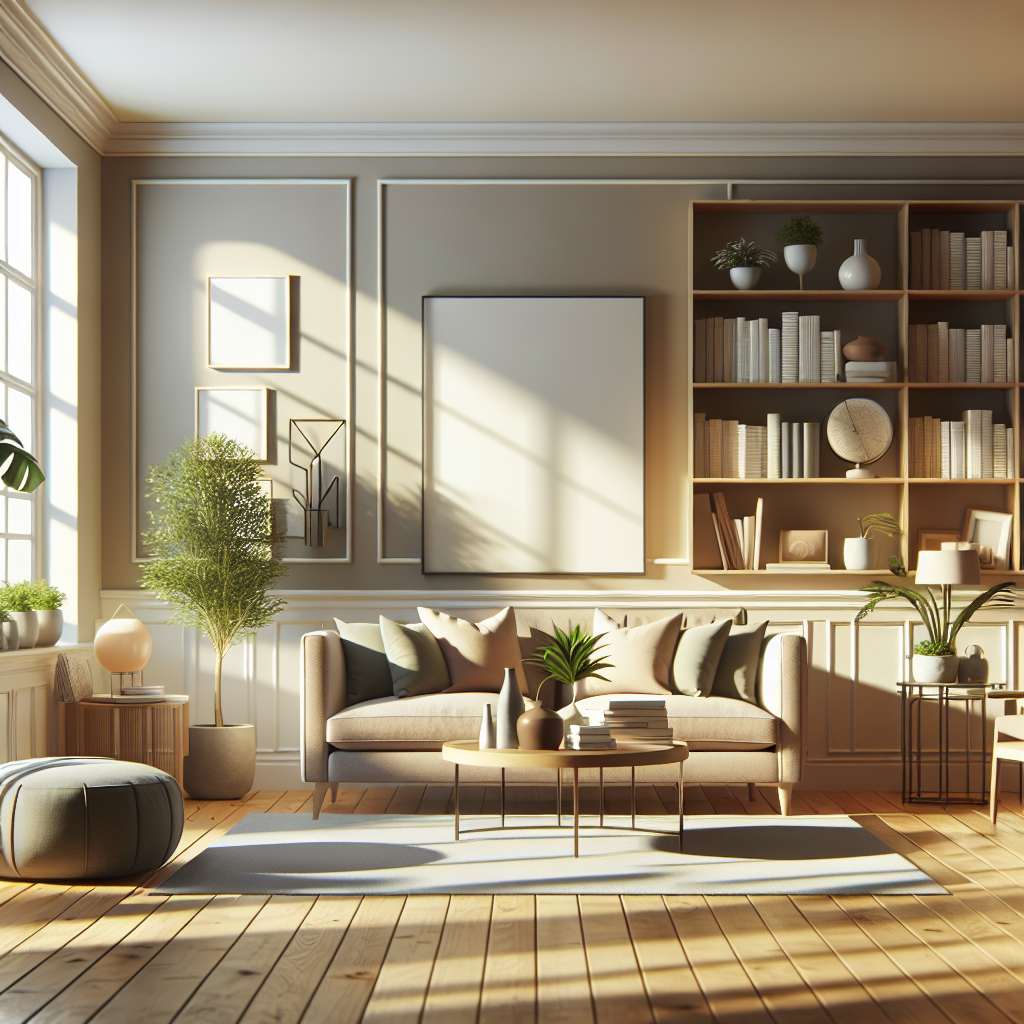 A clean and organized living room featuring a sofa, coffee table, and indoor plants, with sunlight filtering through the window.