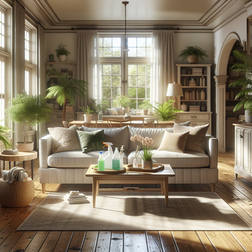 A clean and cozy living room with natural light and eco-friendly cleaning products.