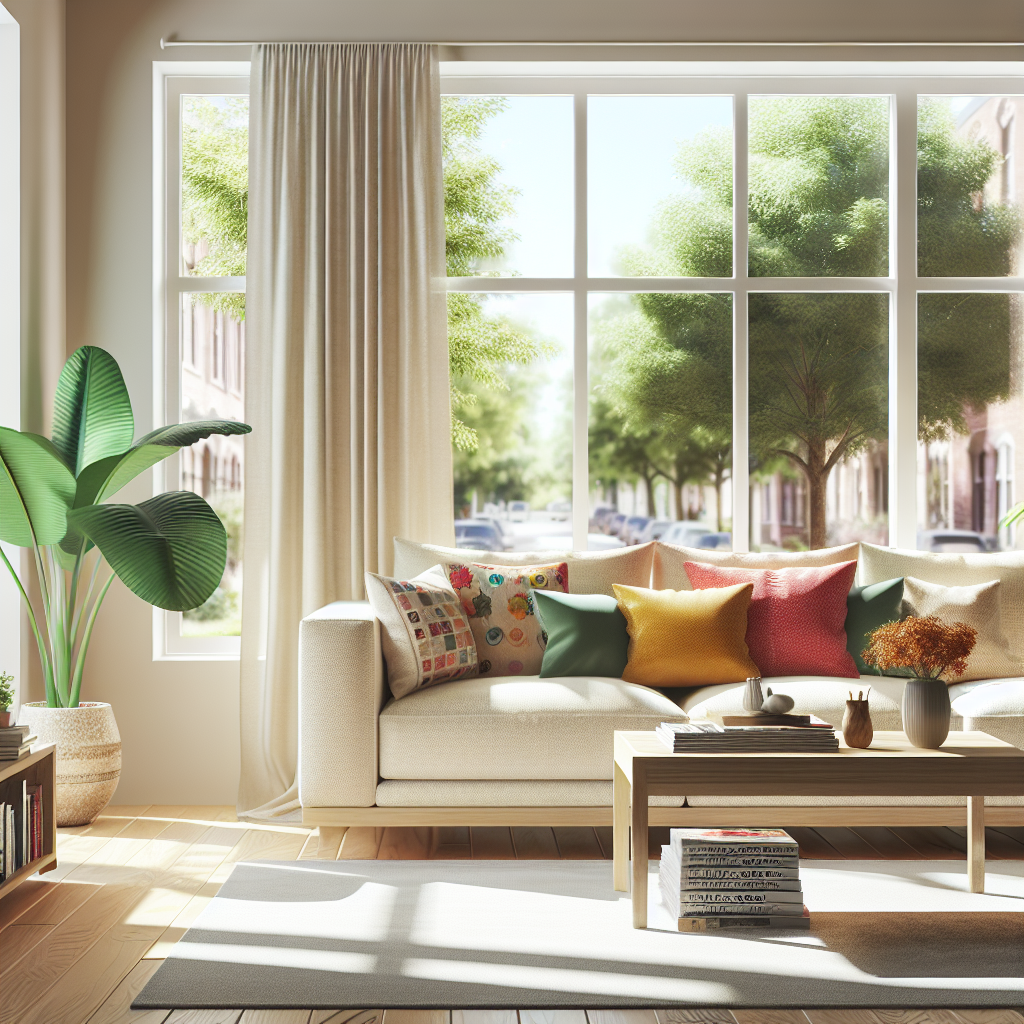 A bright and tidy living room with a sofa, coffee table, and large windows.