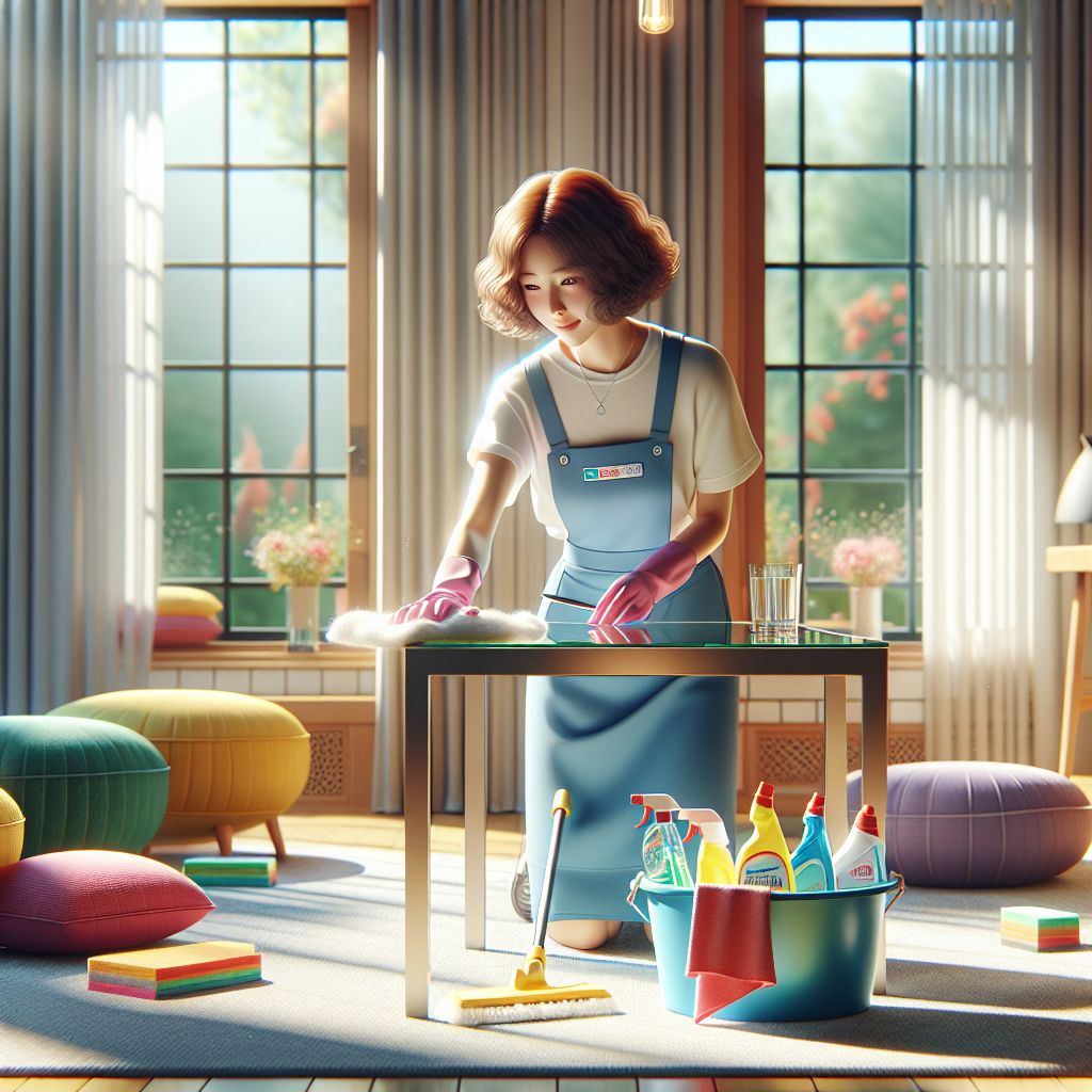 A professional cleaner cleaning a glass table in a bright and cozy home environment.