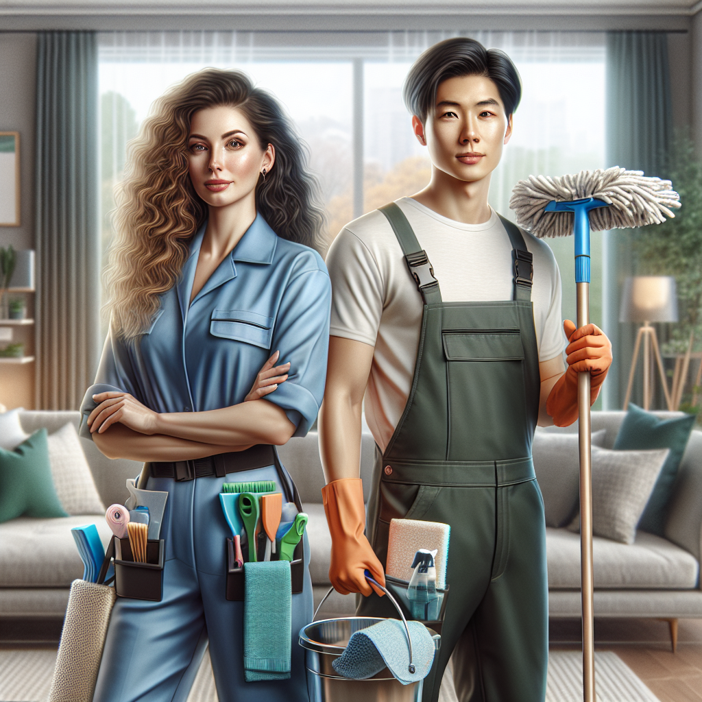 A diverse group of cleaning professionals in a modern living room, showcasing cleaning supplies and a tidy space.