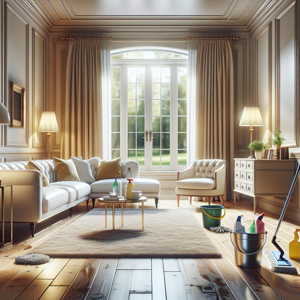 A clean and bright living room with cleaning supplies, emphasizing deep cleaning.