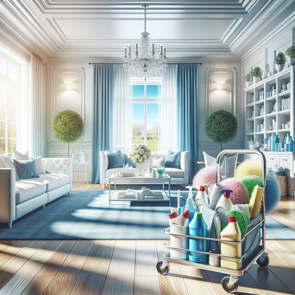 A bright living room showcasing deep cleaning with a cleaning cart and spotless decor.