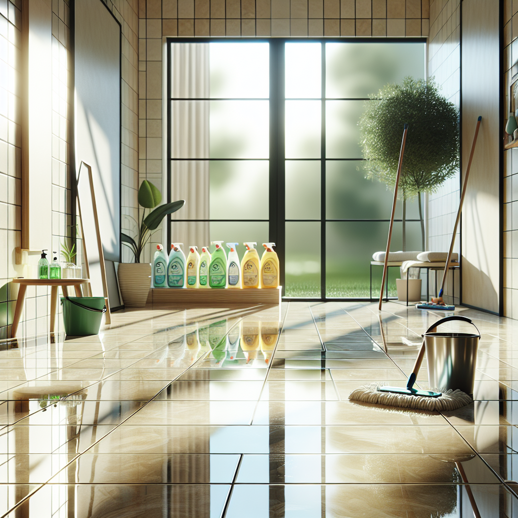 A clean modern living space with shiny floor tiles, a mop and eco-friendly cleaning products.