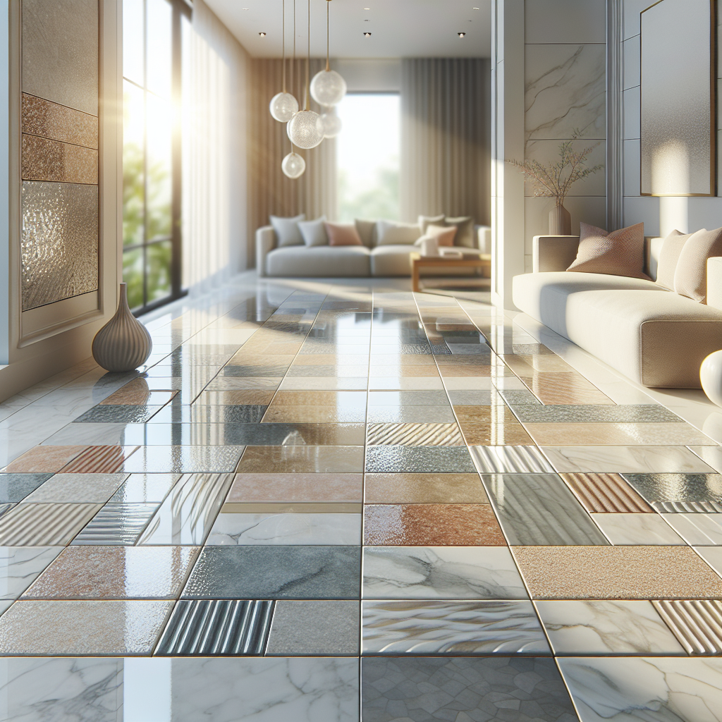A close-up of clean and shiny floor tiles in a cozy living space.